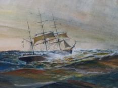 BRIAN ENTWISTLE watercolour - three master in stormy seas, signed, 23 x 33 cms