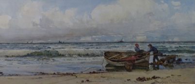 JOSEPH HUGHES CLAYTON watercolour - coastal scene with beached fishing boat and figures with distant
