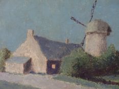 HARRY HUGHES WILLIAMS oil - an Anglesey windmill at dusk with interior light, indistinctly signed