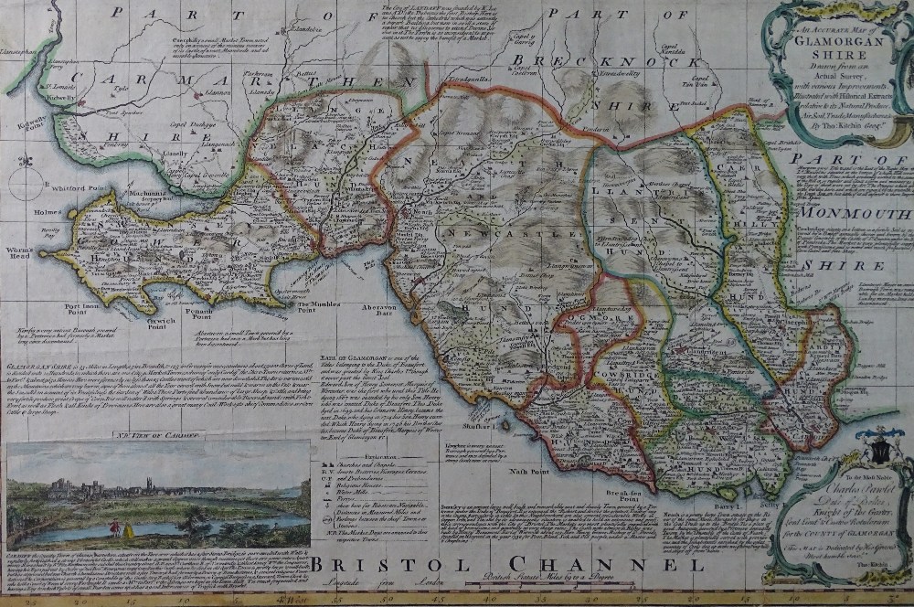 THOMAS KITCHIN a coloured and tinted map of Glamorganshire with a north west view of Cardiff