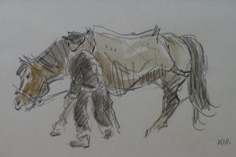 SIR KYFFIN WILLIAMS RA watercolour and pencil - a horse and its handler, signed with initials, 15