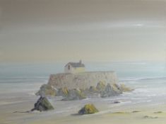 NICK JOHN REES oil on canvas - coastal church entitled 'Porth Cwyfan, Anglesey', 31 x 40cms