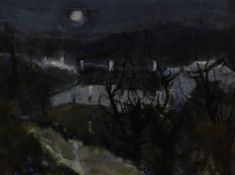 WILF ROBERTS acrylic on paper - moonlit landscape with cottage, entitled verso 'Farmhouse in