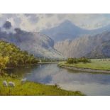 WARREN WILLIAMS ARCA watercolour - the River Glaslyn with grazing sheep on the bank and sailing