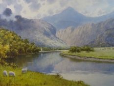WARREN WILLIAMS ARCA watercolour - the River Glaslyn with grazing sheep on the bank and sailing