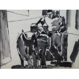 JOSEF HERMAN colourwash - two men shoeing a donkey, unsigned, 16.5 x 21.5 cms