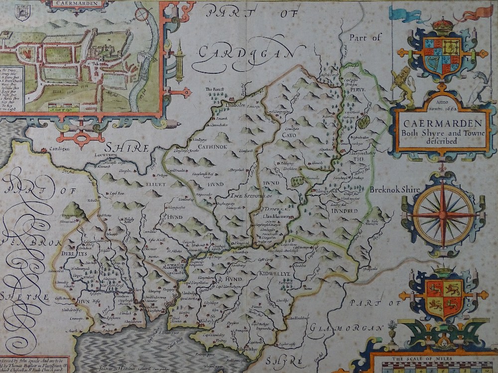 JOHN SPEED a coloured and tinted map of Carmarthenshire, Bassett and Chiswell edition, mounted but