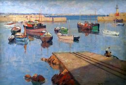 GYRTH RUSSELL oil on board - bright sunny harbour with numerous boats and figures, entitled verso '