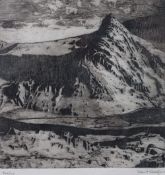 DAVID WOODFORD etching - Tryfan, signed, 20 x 18cms
