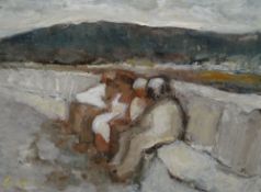 WILL ROBERTS oil on board - four seated figures in a landscape, entitled verso 'Figures on Sea