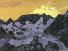 OWEN MEILIR oil on board - dramatic sunset over Crib Coch, signed, 36 x 44cms