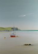 NICK JOHN REES oil on canvas - beach with sailing boats and cliffs, entitled verso 'Porth Mawgan,