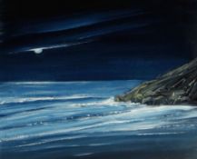 NICK JOHN REES oil on panel - nocturnal coastal scene entitled verso 'Moon - Broadhaven,