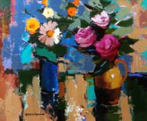 DONALD McINTYRE acrylic - still-life entitled verso 'Flowers in Jug and Vase', signed with initials,