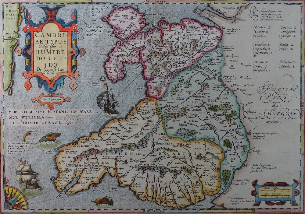 HUMPHREY LLWYD a good coloured and tinted map of Wales, good margins and glazed to the rear, 46 x