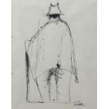 WILL ROBERTS pen and ink on paper - study of a farmer from the rear with stick and hat, signed