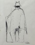 WILL ROBERTS pen and ink on paper - study of a farmer from the rear with stick and hat, signed