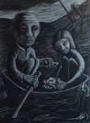 JULIAN RUDDOCK pastel on paper - surreal and political illustration with two figures and a boat, oil
