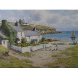 WARREN WILLIAMS ARCA watercolour - cottages at Cemaes, Anglesey with sailors chatting and lady