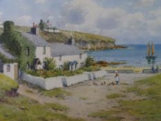 WARREN WILLIAMS ARCA watercolour - cottages at Cemaes, Anglesey with sailors chatting and lady