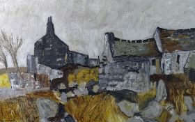 OWEN MEILIR oil on board - farmstead scene, signed, 45 x 75cms