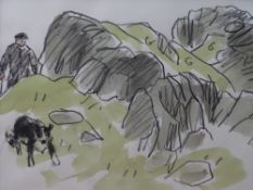 SIR KYFFIN WILLIAMS RA pencil and colourwash - farmer with his dog negotiating a mountain outcrop,