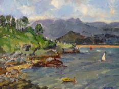 KEITH GARDNER oil on board - coastal scene, Borth-y-Gest with yachts and figures, signed, 29 x