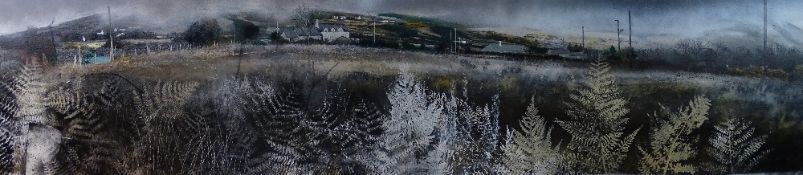 DARREN HUGHES oil/mixed media on canvas board - expansive misty landscape Waunfawr, signed and dated