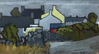 ARTHUR PRITCHARD mixed media on card - entitled verso 'Anglesey Village II', 13 x 22cms