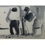 WILL ROBERTS colourwash - two gentlemen chatting, signed with initials and a greeting in pencil '