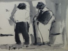 WILL ROBERTS colourwash - two gentlemen chatting, signed with initials and a greeting in pencil '
