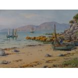WARREN WILLIAMS ARCA watercolour - Anglesey coastal scene with numerous boats and fisherman with