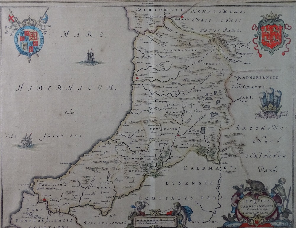J BLAEU a coloured and tinted map of Cardiganshire, not glazed verso, 38 x 49cms