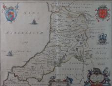 J BLAEU a coloured and tinted map of Cardiganshire, not glazed verso, 38 x 49cms