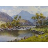 WARREN WILLIAMS ARCA watercolour - The River Glaslyn with grazing sheep and cattle in the