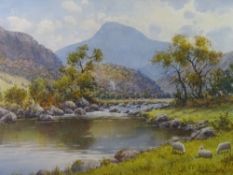 WARREN WILLIAMS ARCA watercolour - The River Glaslyn with grazing sheep and cattle in the