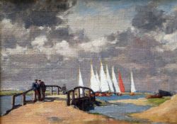 GYRTH RUSSELL oil on board - sailing boats on an estuary with footbridge and figures, entitled verso