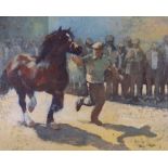 ANEURIN JONES coloured lithograph - horse and handler with crowd of farmers entitled 'Sadwrn