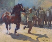 ANEURIN JONES coloured lithograph - horse and handler with crowd of farmers entitled 'Sadwrn