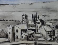 JOSEF HERMAN watercolour - Continental village scene, signed verso, 18 x 22cms