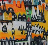 DANIEL MEAKIN oil on canvas - abstract Continental town, signed and dated 2006, 40 x 40cms