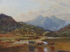 ATTRIBUTED TO DAVID COX watercolour - mountainscape with cattle watering and sheep on the bank,