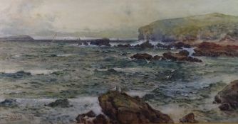 JOSEPH HUGHES CLAYTON watercolour - stormy Anglesey coastal scene at Red Wharf Bay with Puffin