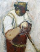 WILL ROBERTS oil - a study of a farmer clutching and leaning on his spade, entitled verso 'The