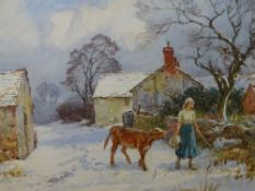 FREDERICK J KNOWLES watercolour - snowy farmyard scene with girl and calf, signed and entitled to