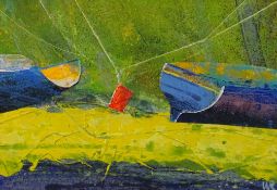 WIL ROWLANDS mixed media - entitled verso 'Red Weight, Cemaes Harbour', signed with initials and