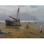 WARREN WILLIAMS ARCA watercolour - beached boat and figures with donkey and cart on the shore at
