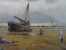 WARREN WILLIAMS ARCA watercolour - beached boat and figures with donkey and cart on the shore at
