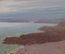 DAVID WOODFORD oil - coastal scene 'Blue Light near Penmon', signed, 15 x 14cms