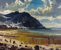 EDWIN (ED) FORREST a fine oil on board - expansive scene of the shore at Penmaenmawr with numerous